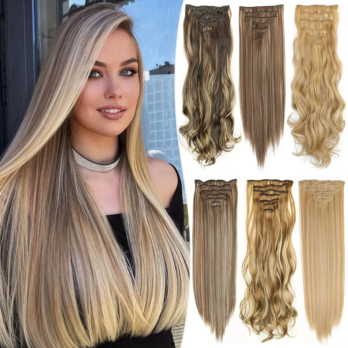 Long Straight Hairstyle 16 Clips 7Pcs/Set Hair Extensions Natural Synthetic Blonde Black Hairpieces Heat Resistant For Women — image 2
