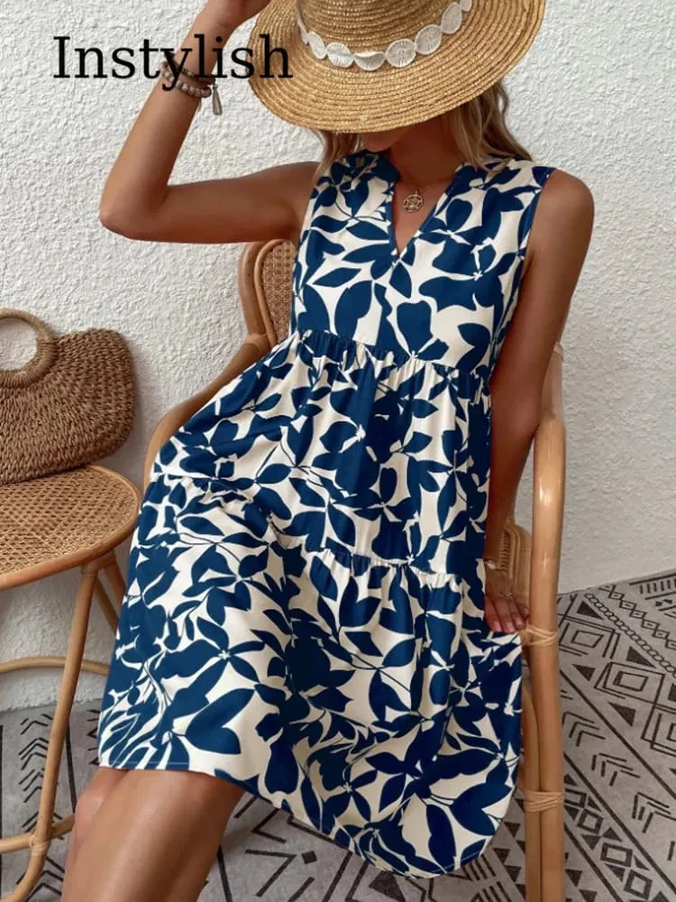 Damen Boho-Druck-Minikleid, Sommer, elegant, ärmellos, V-Ausschnitt, Rüschen, A-Linie, Tank-Kleid, lässig, locker, übergroß, Strand, Party, Sommerkleid — image 6