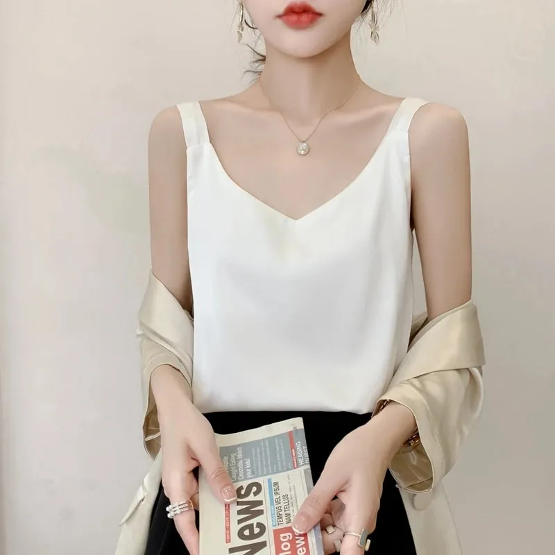 Silk Camisole Ladies Summer Suit Inside V-Neck Satin Bottoming Vest 2025 Thin Loose Sleeveless Sling Silk Tops Small Shirt Trend — image 14