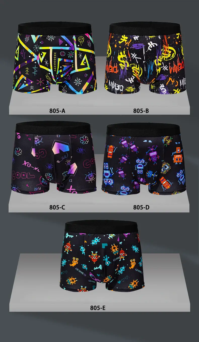 5-pcs Men's trendy graffiti, pixel, cyberpunk print boxer underwear, comfortable and casual and fashionable boxer — image 4
