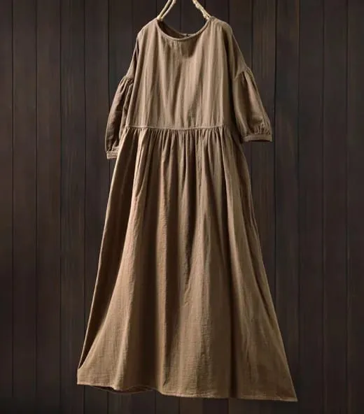 Johnature Women Vintage Cotton Dresses O-Neck Half Sleeve Soft Solid Color Robes 2025 Summer New Casual A-Line Female Dress