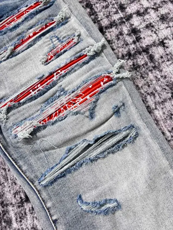 Discount men red bandana patches distressed blue jeans