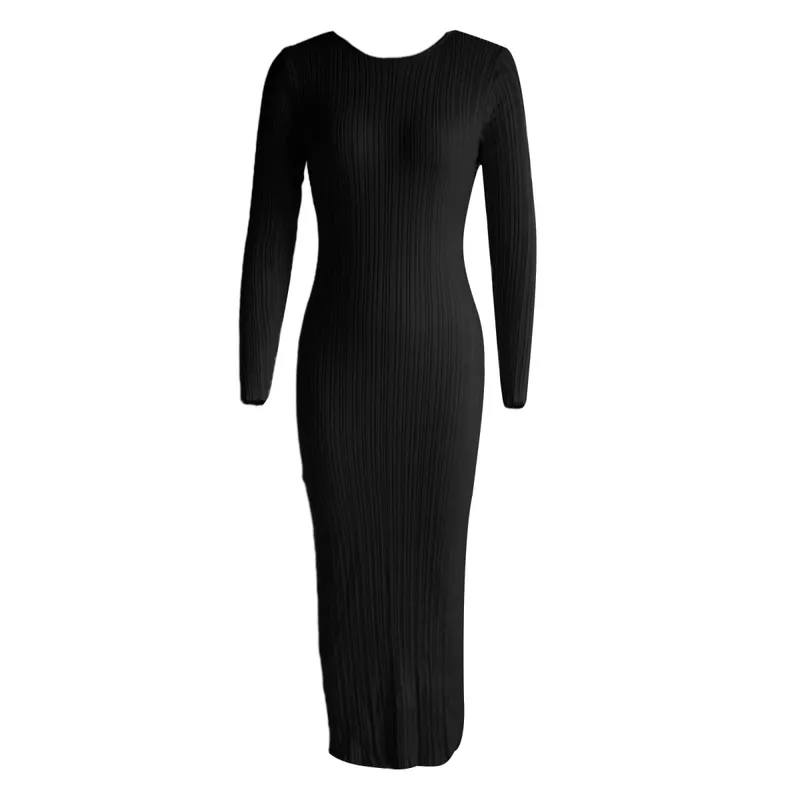 Women Spring Autumn Solid Color Bodycon Knit Dress Long Sleeve Crew Neck Ribbed Dress Slim Fit Long Dress — image 9