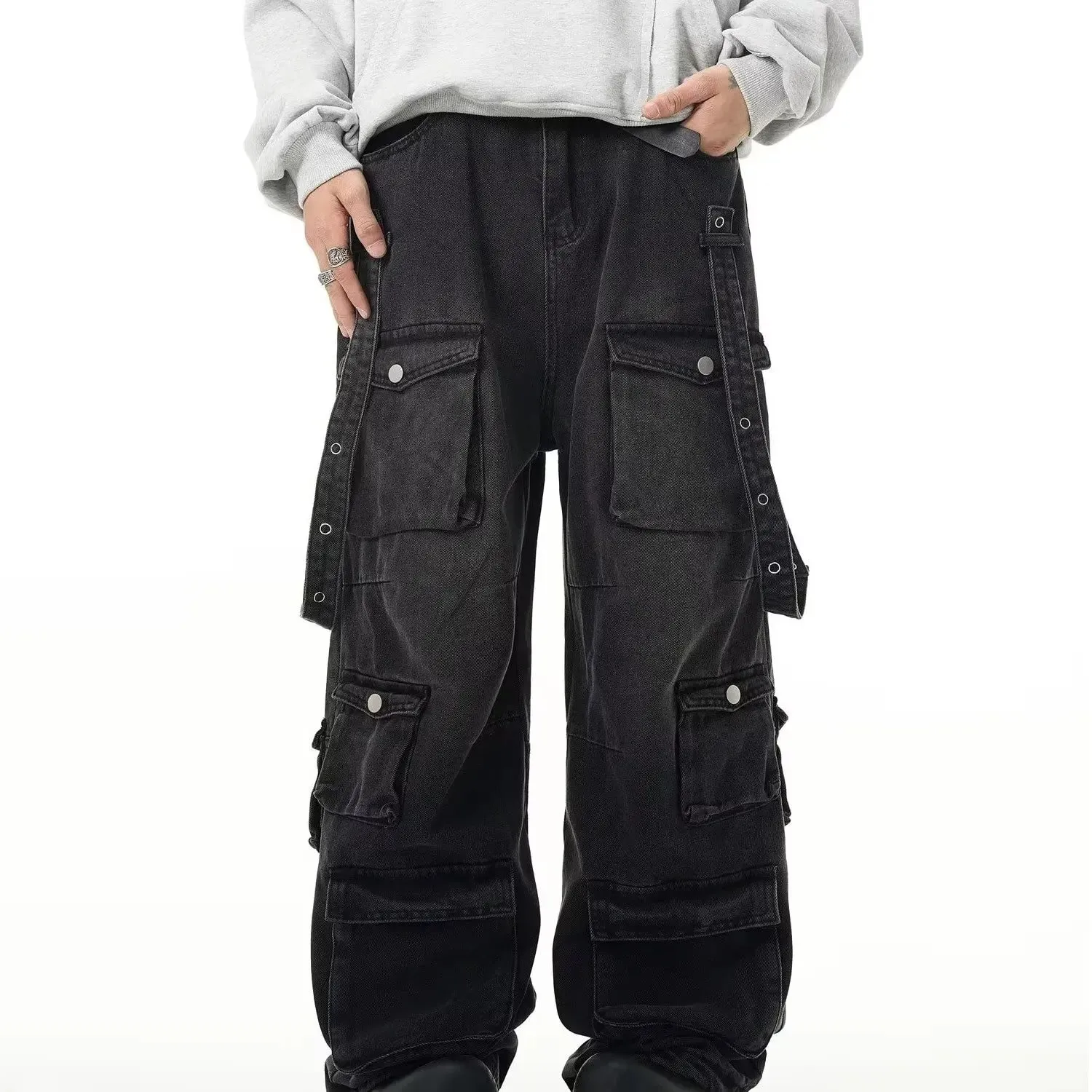 Y2K Multiple Pockets Baggy Cargo Jeans 2024 Vintage Men's and Women's Loose Straight Leg Hip Hop Pants Baggy y2k Jeans — image 6
