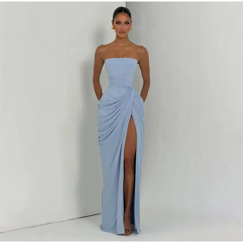 Women Sexy Solid Pleated Dress Lady Chic Off-shoulder Backless Strapless High Waist Split Dresses 2026 Summer Evening Party Gown