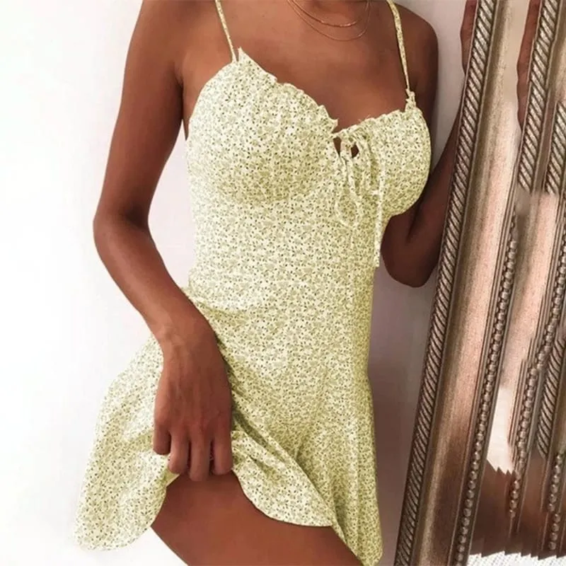2023 Kvinder Sommer Spaghetti Strap Blomstertryk Tie Front Mini Kjole Y2K Sexet Kjole Patry Beach Style Ny All-Match Blomsternederdel — image 4