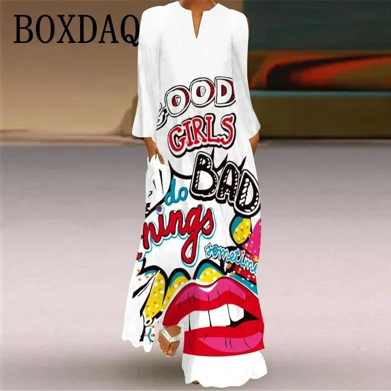 Artistic Face Printing Women Sundress Spring Vintage Long Sleeve V-neck Maxi Dress Elegant Ladies Long Dresses Female Vestidos — image 5