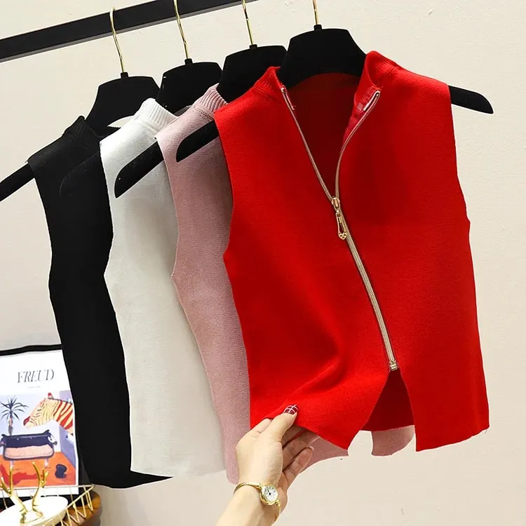 2026 Summer Spring zipper Knit Tank Top Cami Korean Camisole Elastic Vest O Neck Solid Color New Slim Breathable Tops White — image 8