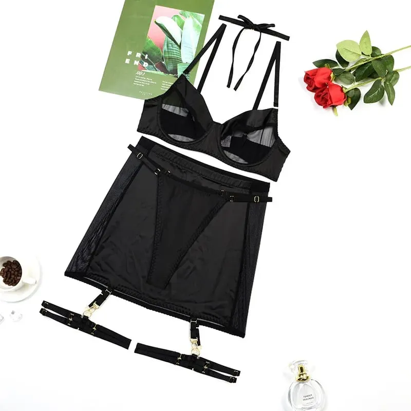 Lovermore Sensual Lingerie See Through Garter Dress Fancy Underwear Seamless Bra Kit Push Up Intimate Sheer Lace Exotic Sets