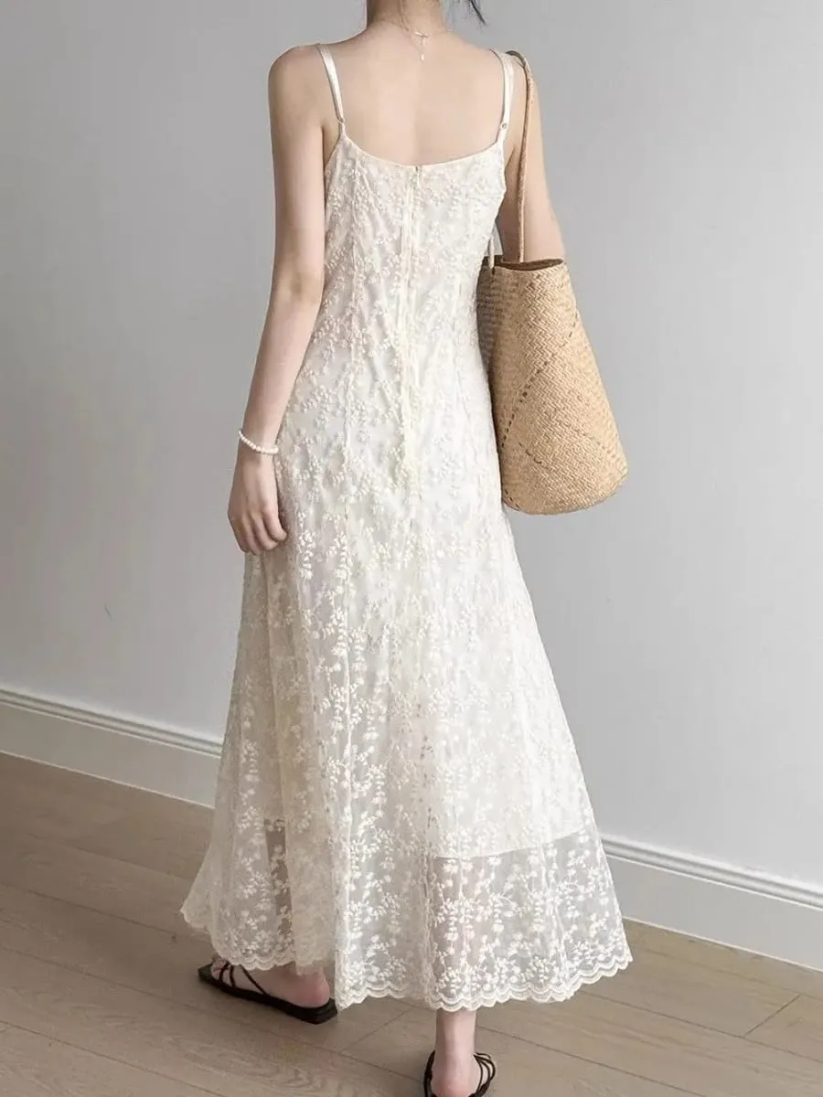 Lace Sling Dress Women Summer New Embroidered Sweet Simple Basic Party Elegant Female Sleeveless Long Dress — image 6