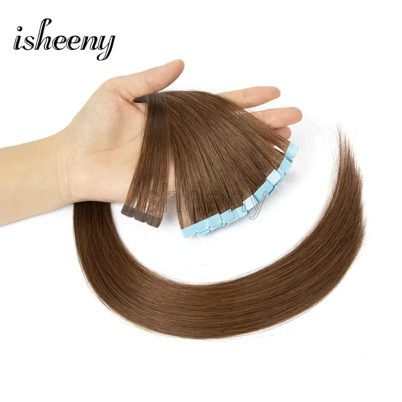 Isheeny Mini Tape In Human Hair Extensions 12"-24" Machine Remy Skin Weft Adhesive Tape Hair Natural Black Brown Blonde Tape Ons