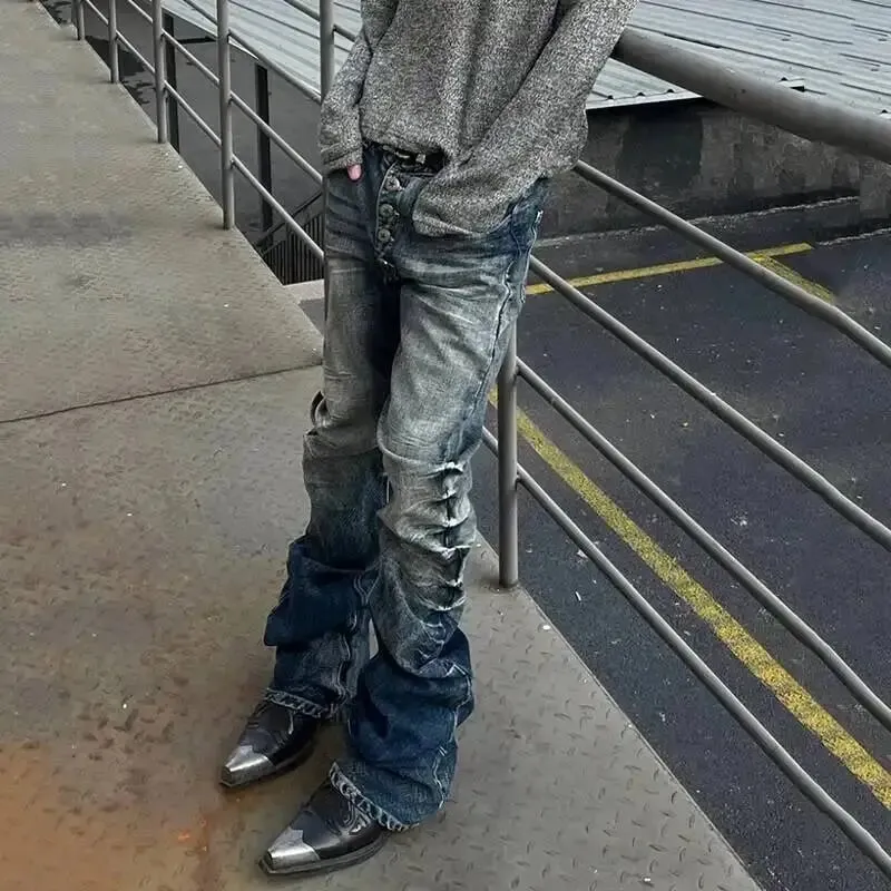 American Style Men's Denim Pants Washing Button Design Pleated Loose Jeans Contrast Color Casual Male Bottom Vintage 4K5156