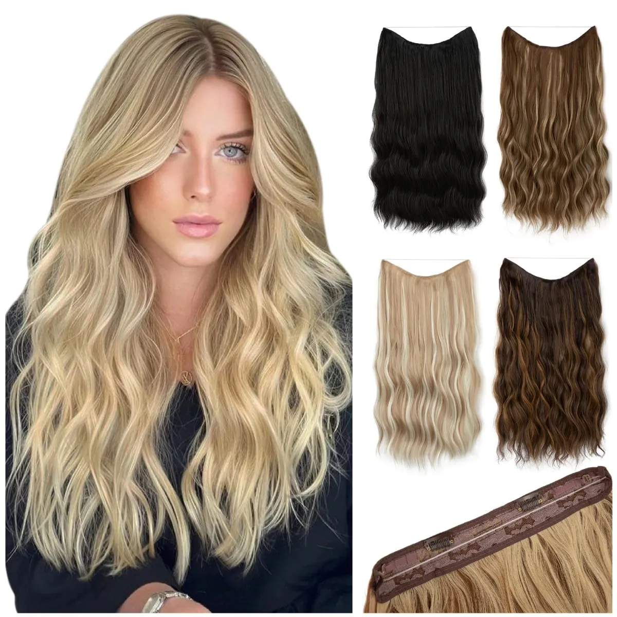 Synthetic Wave Invisible Clip in Hair Extensions Fish Line Ombre Natural Blonde One Piece Hairpiece Fake Hair Piece
