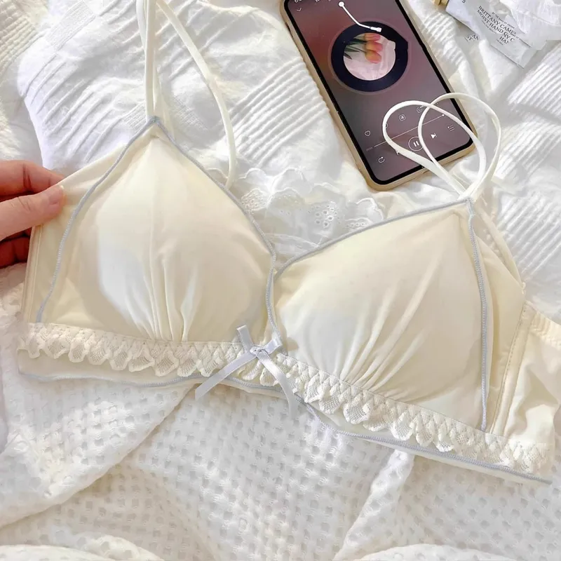 French thin cup girly lingerie no underwire small breast hold up no underwire sweet bra set