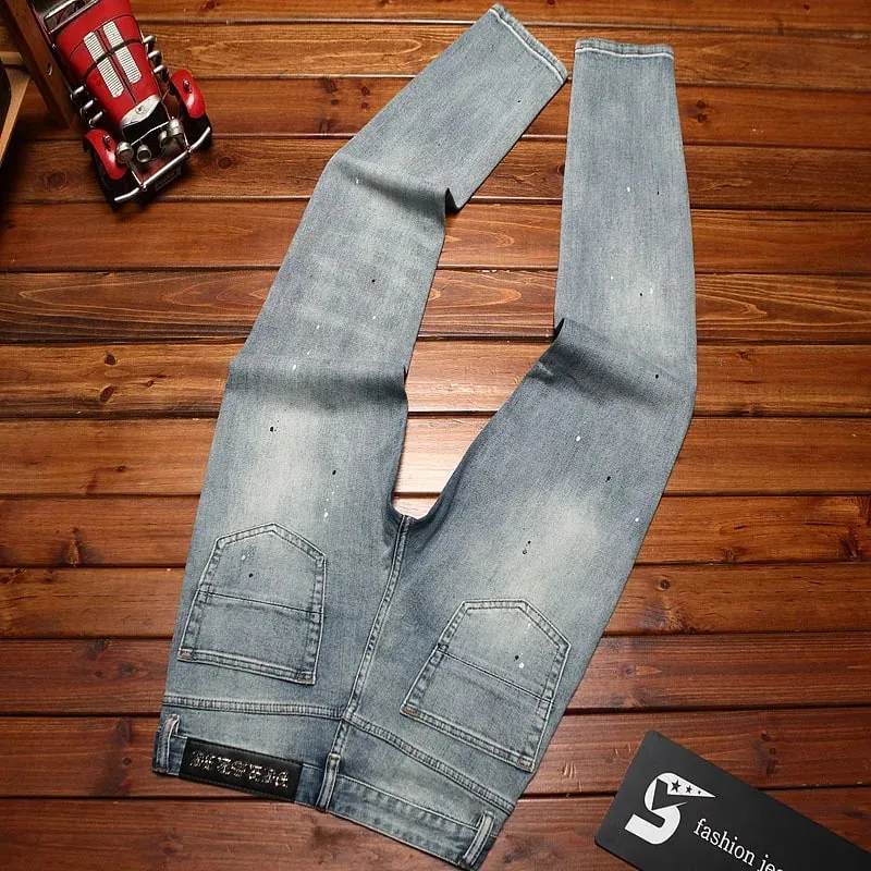 Ripped patch jeans for men scraped and worn summer slim fit small feet elastic fashionable nostalgic retro long pants