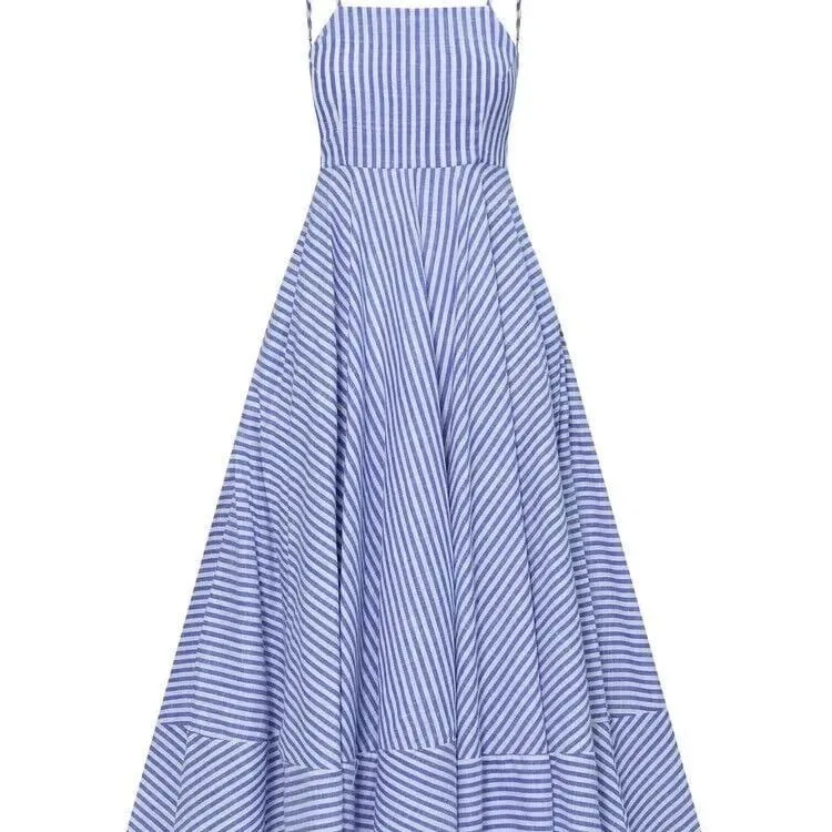 Women Dresses Camisole Dress Striped Basics Printing Boho Vestidos Loose Fit Summer 2024 Folds Pleated Spliced Ankle Length — image 1