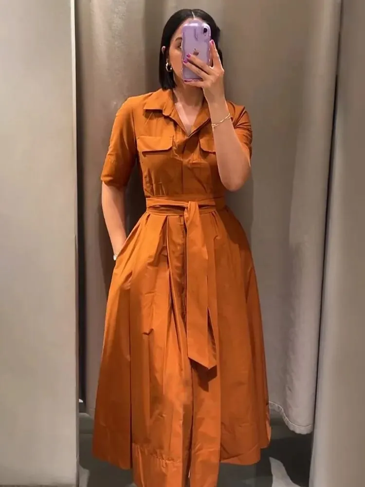 HH Women Summer Lapel Short Sleeve Pocket Single-Breasted Belt Decorate Midi Dress Female Fashion Shirt Style Pleated Dress — image 2