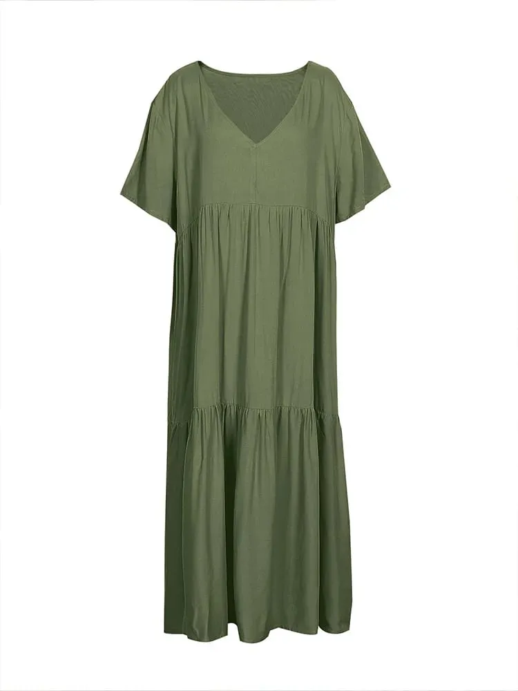 plus Size Women's Casual Loose V-Neck Solid Long Dress Spring Summer Pleated Big Size Women's Dress — image 3