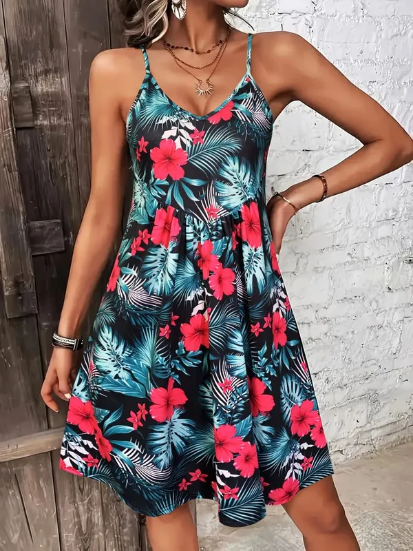 Summer Vacation Style Print V-Neck Spaghetti Strap Dress Camisole Dress for Vacation Outfits Bohemia Dresses for Women Summer