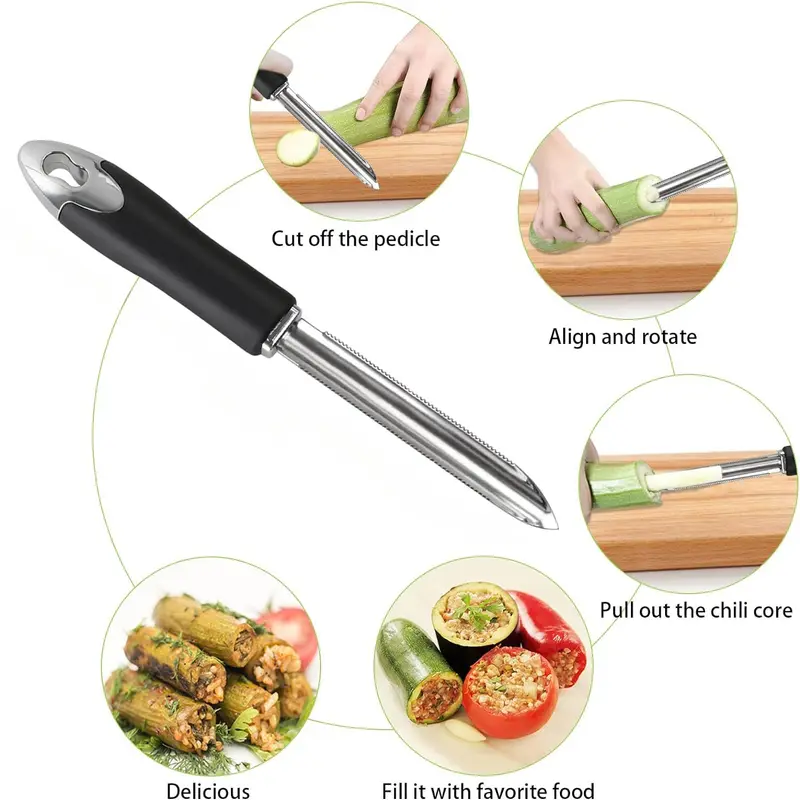 Chili Core Extractor Home Portable Stainless Steel Zucchini Courgette Cucumber Corers Special Kitchen Gadgets with Serrated Edge — image 6