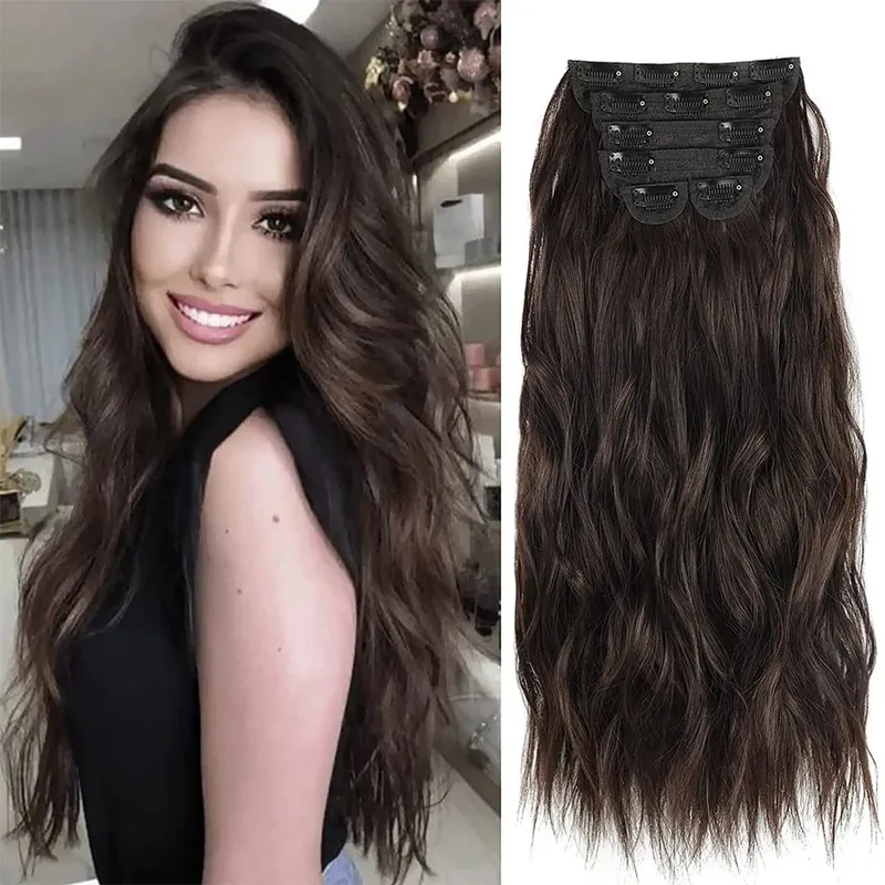 Extensions Long Synthetic Clip In Hair Wavy Clip In Hair Extensions 6Pcs/Set Piece Synthetic Ombre Blonde Brown Thick Hairpieces — image 9