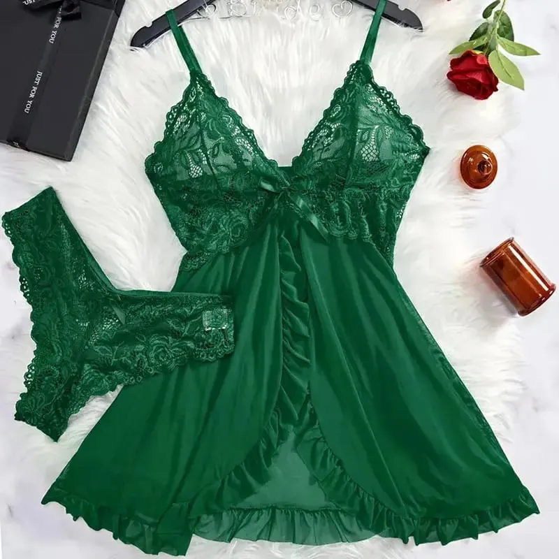 Women's Sexy Lingerie Dress Thin Style G-string Contrast Lace Ruffle Trim Lingerie Set Deep V Slip Thong Lencería Mujeres — image 4