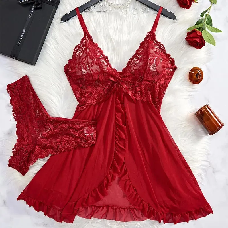 Women's Sexy Lingerie Dress Thin Style G-string Contrast Lace Ruffle Trim Lingerie Set Deep V Slip Thong Lencería Mujeres — image 5