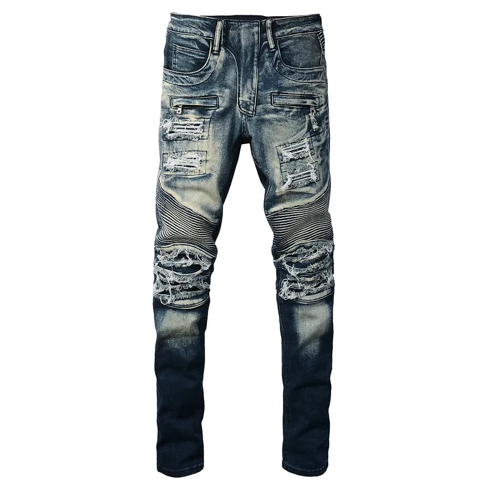Men's Biker Jeans for Motorcycle Holes Ripped Distressed Patch Pants Stretch Denim Cotton Slim Straight Trousers High Quality