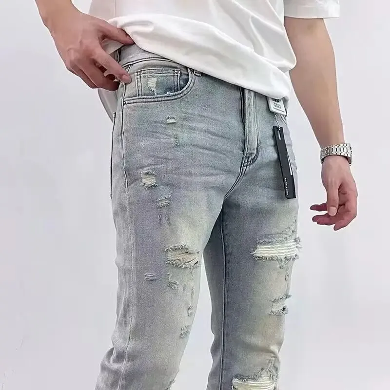 Fashionable Luxury Clothing Ripped Distressed Retro Spring and Autumn Denim Jeans for Men Slim Fit Casual Pants Cotton Trousers — image 3