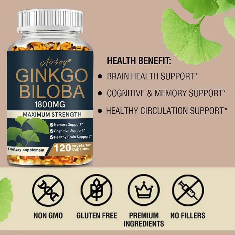 Ginkgo Biloba Capsules - Boost Brain Improve Memory and Cognitive Abilities Improve Blood Circulation