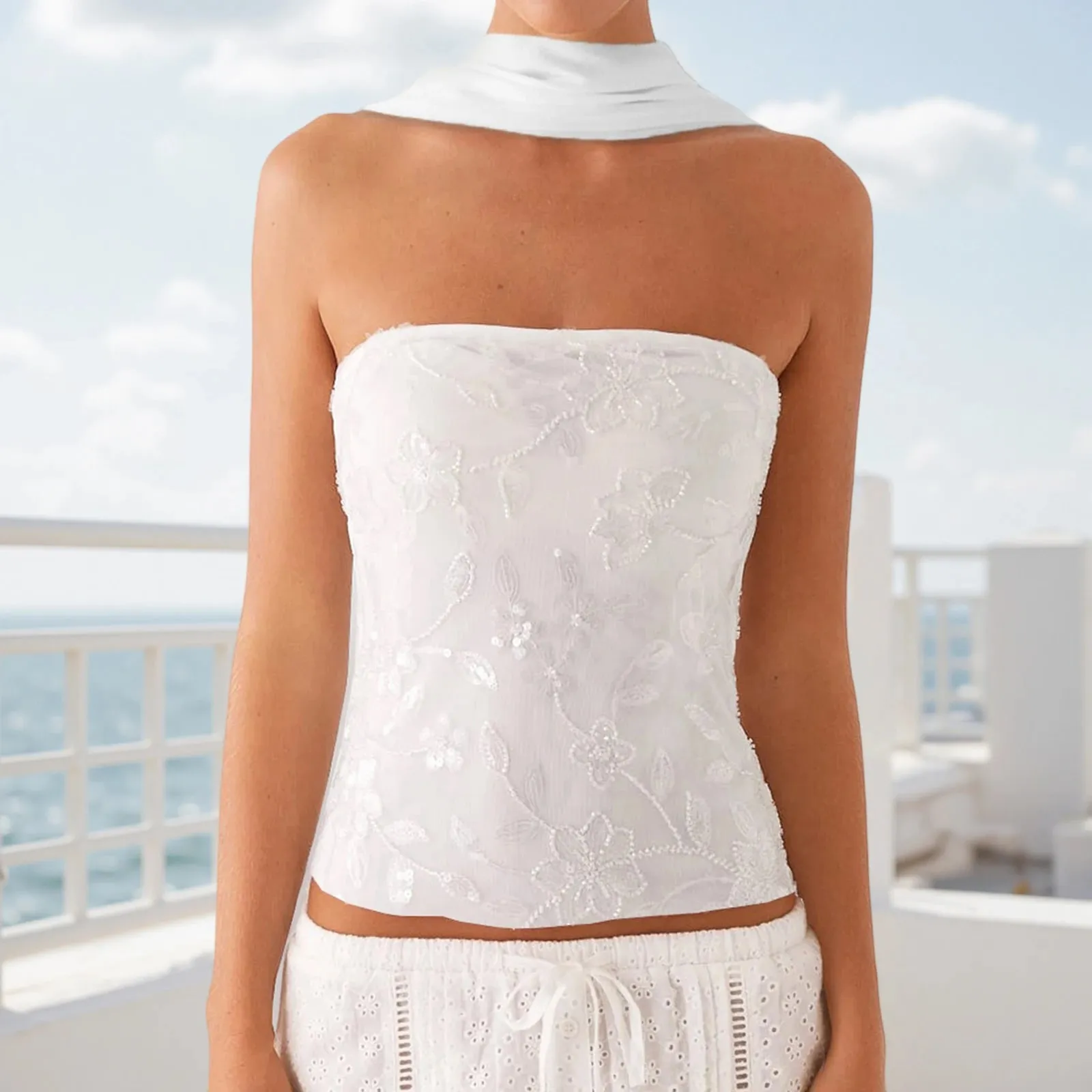 Women Summer Sexy y2k Sequins Sparkle Crop Tops Sleeveless Backless Beaded Pearl Embellished Slim Cami Tanks Tops with Scarf — image 11