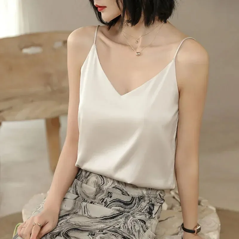 2026 Spaghetti Strap Top Women Halter V Neck Basic White Cami Sleeveless Satin Silk Tank Tops Women's Summer Camisole Crop Top