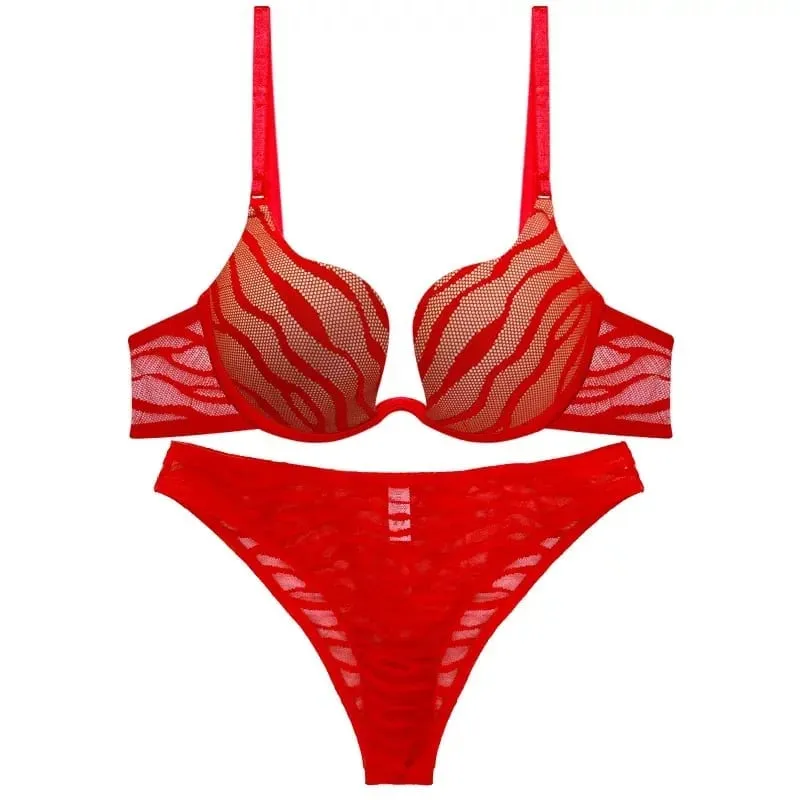 Women Sexy Push Up Bra Set Elegant Zebra Stripes Thin Lingerie Underwear See Through Bra and Panty Set — image 6
