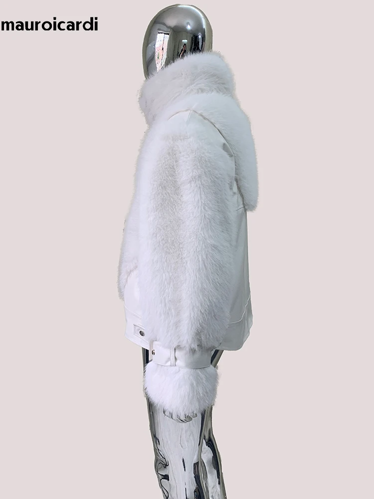 Mauroicardi Autumn Winter Short Thick Warm White Pu Leather Patchwork Faux Fur Coat Men Stand Collar Zip Up Fluffy Jacket 2025 — image 4