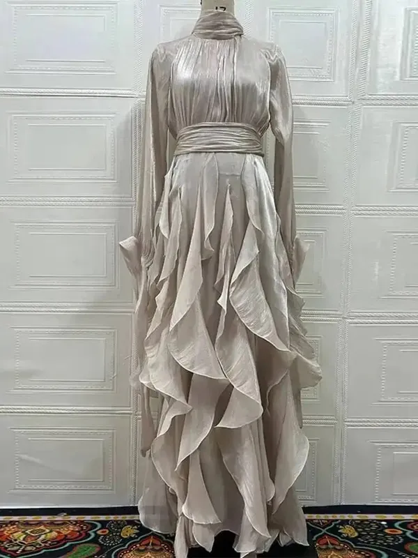 Early Autumn Turtleneck Lantern Sleeves Shinny Ruffles Pullover Floor Length Vacation Dress High Waist Female Vestido — image 6