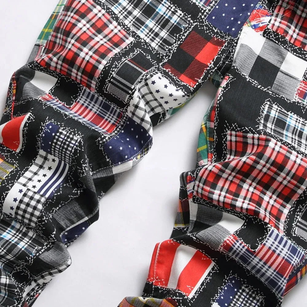 Men Plaid Digital Print Jeans Fashion Patches Patchwork Stretch Denim Pants Slim Straight Trousers — image 4