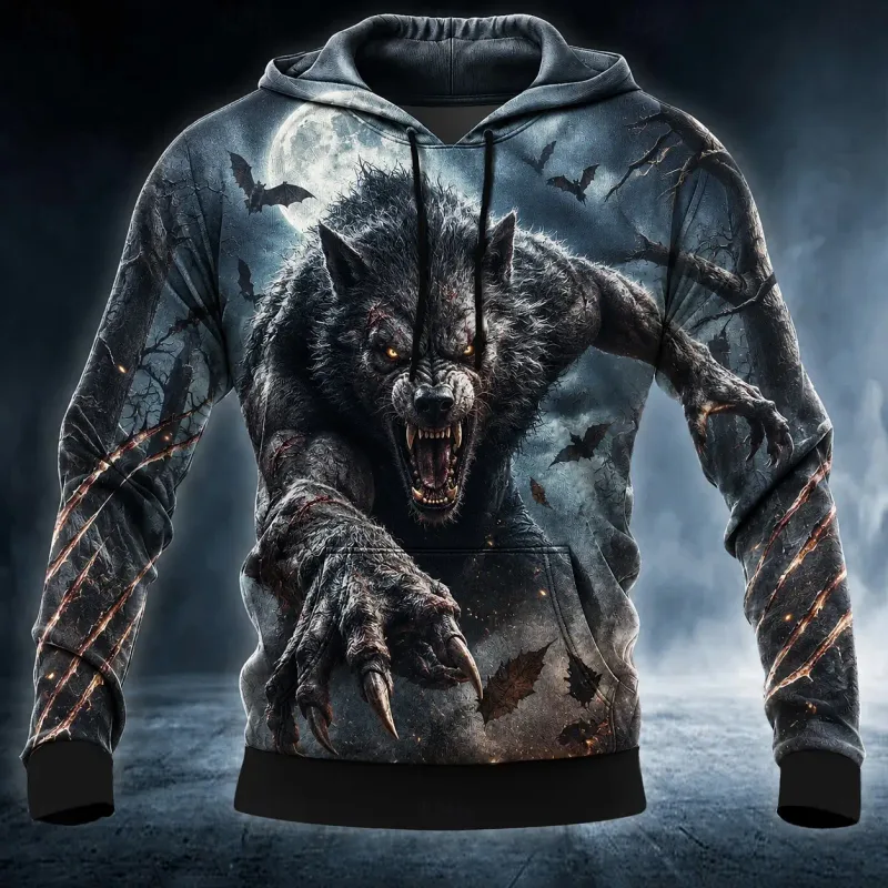 Men Gothic Werewolf Graphic Printed Hoodie Long Sleeve Pullover Sweatshirt Casual Full Moon Wolf Hooded Shirts Tops