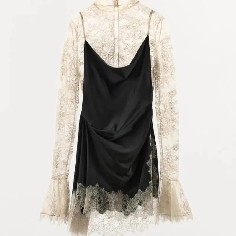 Elegant blonde patchwork kort kjole kvinder se gennem høj krave flare ærmer festkjoler 2025 efterår dame aftenkåber