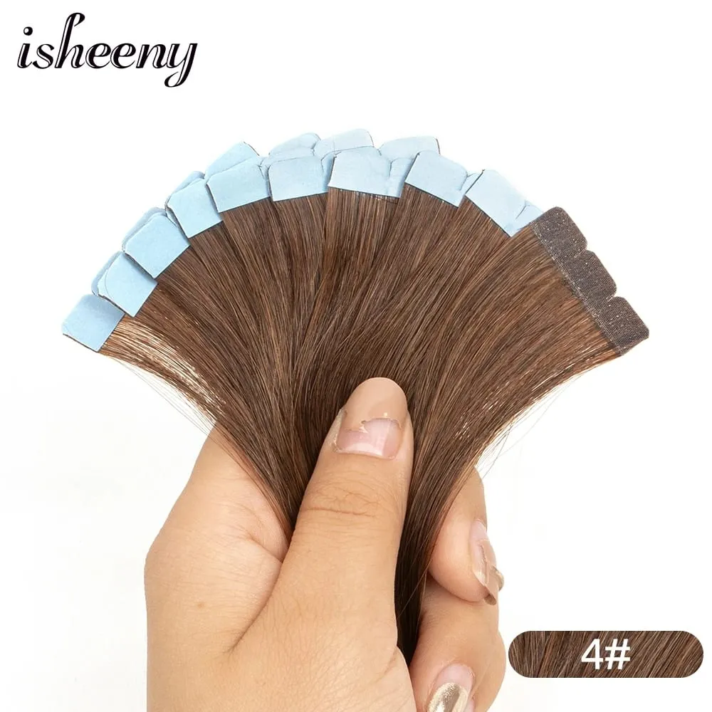 Isheeny 12"-24" Mini Tape Hair Extensions Machine Remy Skin Weft Adhesive Tape In Human Hair Natural Black Brown Blonde 10pcs