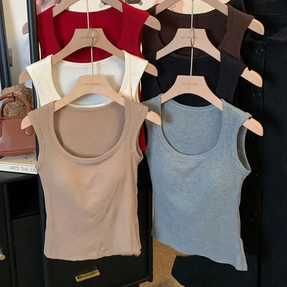 Women Solid Color O Neck Ribbed Tank Top Wide shoulder Strap Camisole 2025 Summer autumn Basic Camisole Elastic Tank Tops — image 5