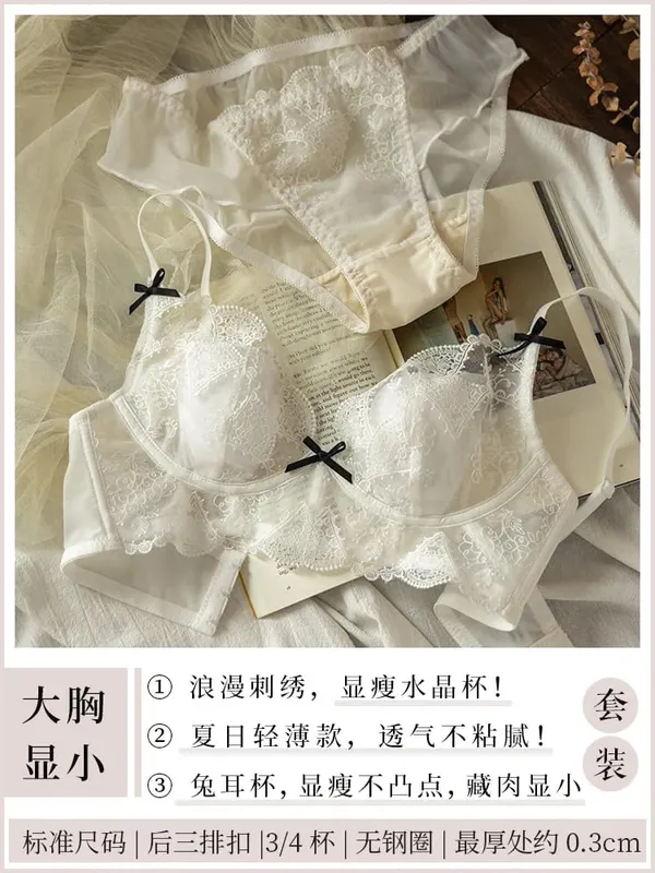 French Lace Lingerie Set Women Wirefree Minimizer Support Summer Ultra Thin Bra Large Chest Petite Look Bunny Ears — image 11