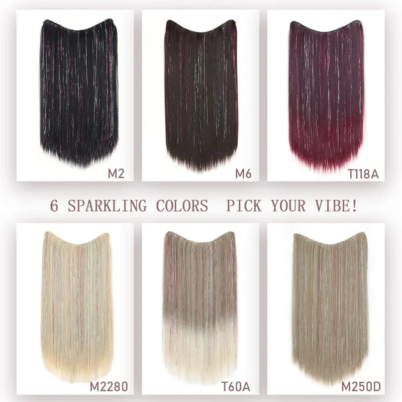 24Inch Synthetic Long Straight Clip‑in Hair Extensions Sparkling Tinsel Hair High‑Temp Fiber Hairpiece for Women Party Cosplay