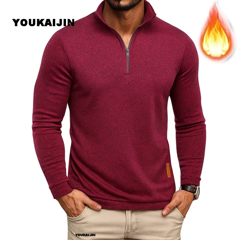 Moletom masculino primavera mais grosso pulôver quarto zíper pulôver para masculino com capuz ao ar livre sweatshir outono cor sólida gola alta — image 4