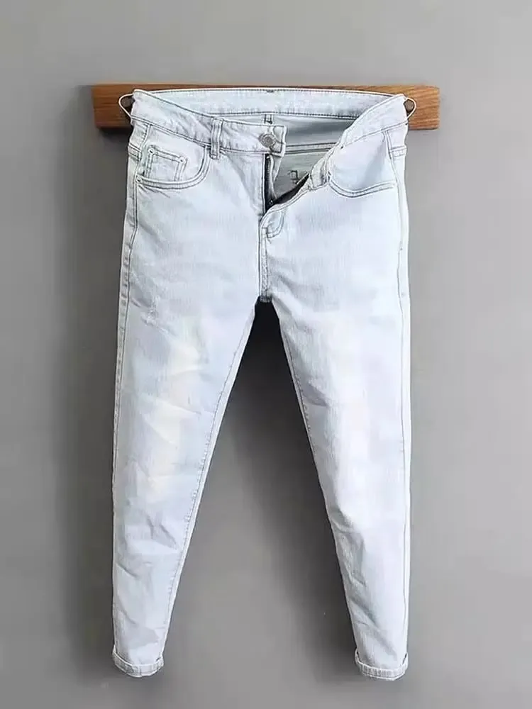 2000’s Clothes Men's Light-colored Jeans 2025 New Spring Autumn Slim Cargo Light Blue Pants Trendy Brand Work Elastic Trousers — image 8
