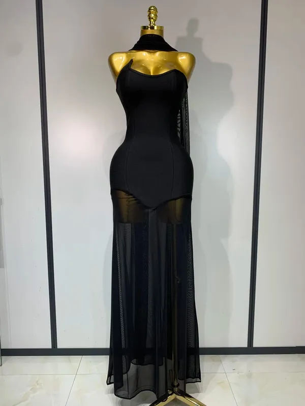 Sexy Strapless Long Bandage Dress Black Mesh Patchwork Elegant Women Blackless Evening Party Gowns Bodycon Birthday Dresses