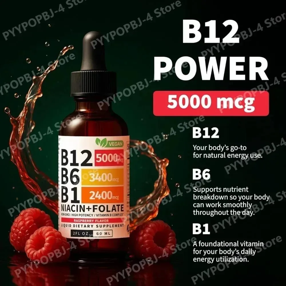 Vitamin B12 B6 tekuté kapky 60 ml B komplex s B1 Niacin Folate Malina Veganský denní wellness doplněk 40 porcí Dospělí — image 2