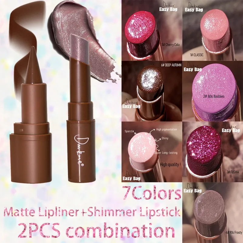 Tapered Tip Matte Lip Liner Pencil & Pearlescent Lipstick Set Long Lasting Waterproof Sparkling Professional Lip Makeup Duo