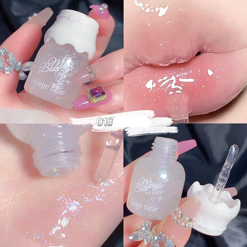 Gege Bear Butterfly Knot Lip Gloss Moisturizing Hydrating Mirror Shine Sparkling Non-Stick Cup Lipstick Beauty Makeup