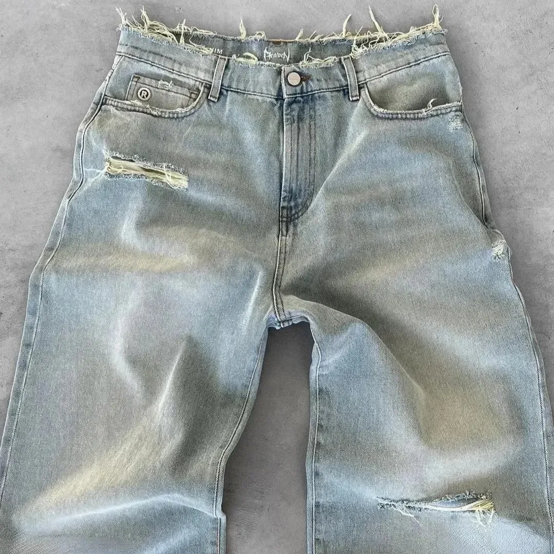 Straight Jeans Distressed Men Jean Ripped Holes Washed Denim Pants Ankle Length Loose Solid Zipper Fly Pockets Casual 2025 — image 3