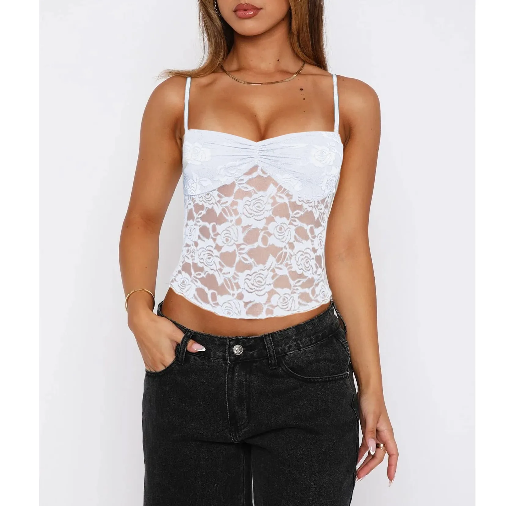 Baju Atasan Cami Renda Musim Panas Wanita Tanpa Lengan Ruched Depan Warna Pejal Kamisol Slim Fit Tank Top — image 3